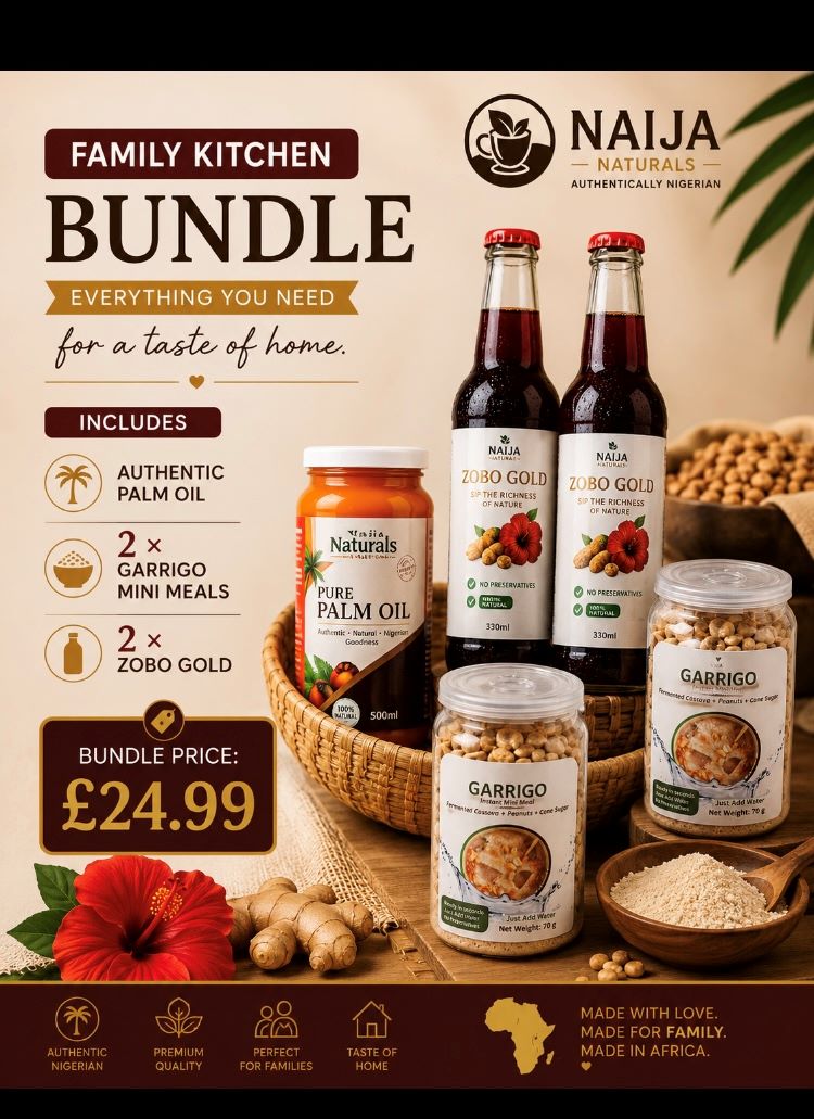 Naija Naturals Family Kitchen Bundle with Pure Palm Oil, two GarriGo mini meals and two Zobo Gold bottles