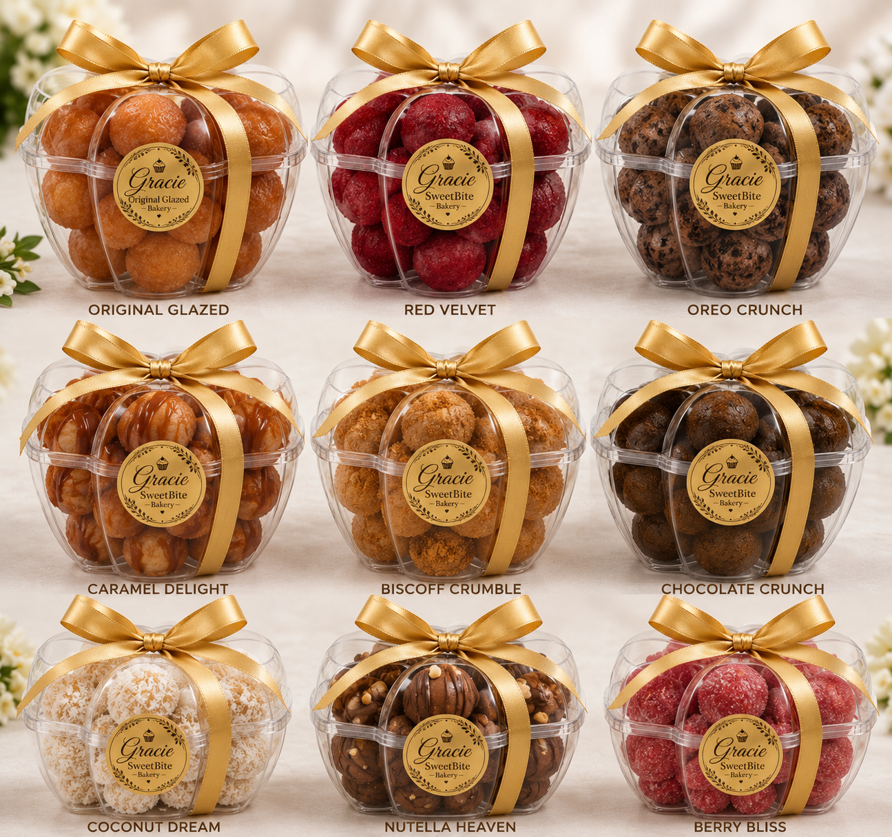 Nine Gracie SweetBite gourmet Puff-Puff gift cups including Original Glazed, Red Velvet, Oreo Crunch, Caramel Delight, Biscoff Crumble, Chocolate Crunch, Coconut Dream, Nutella Heaven and Berry Bliss