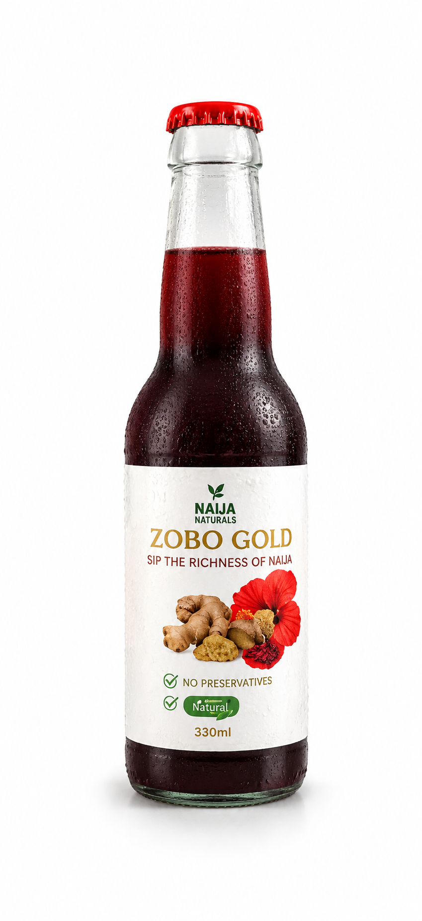 Individual 330ml glass bottle of Naija Naturals Zobo Gold
