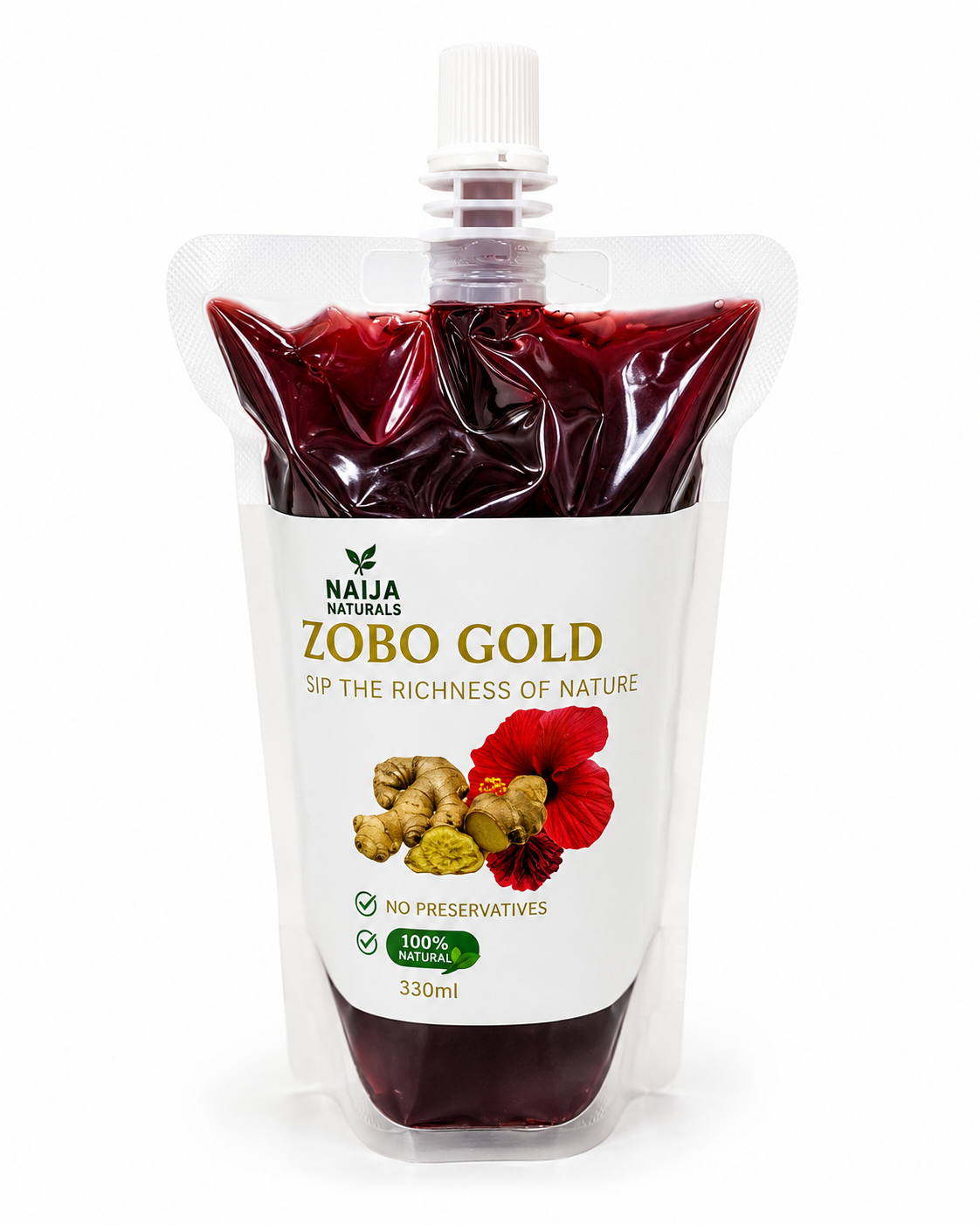 Individual 330ml spout pouch of Naija Naturals Zobo Gold