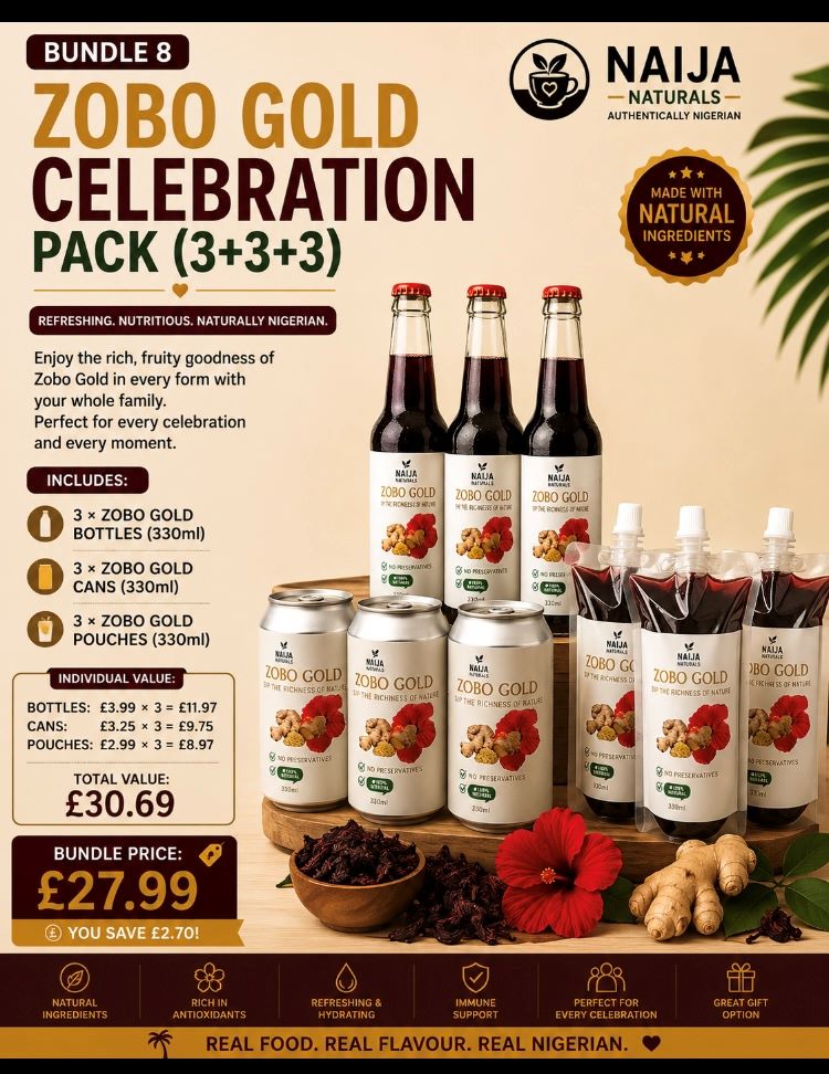 Zobo Gold Celebration Pack containing three 330ml bottles, three cans and three pouches