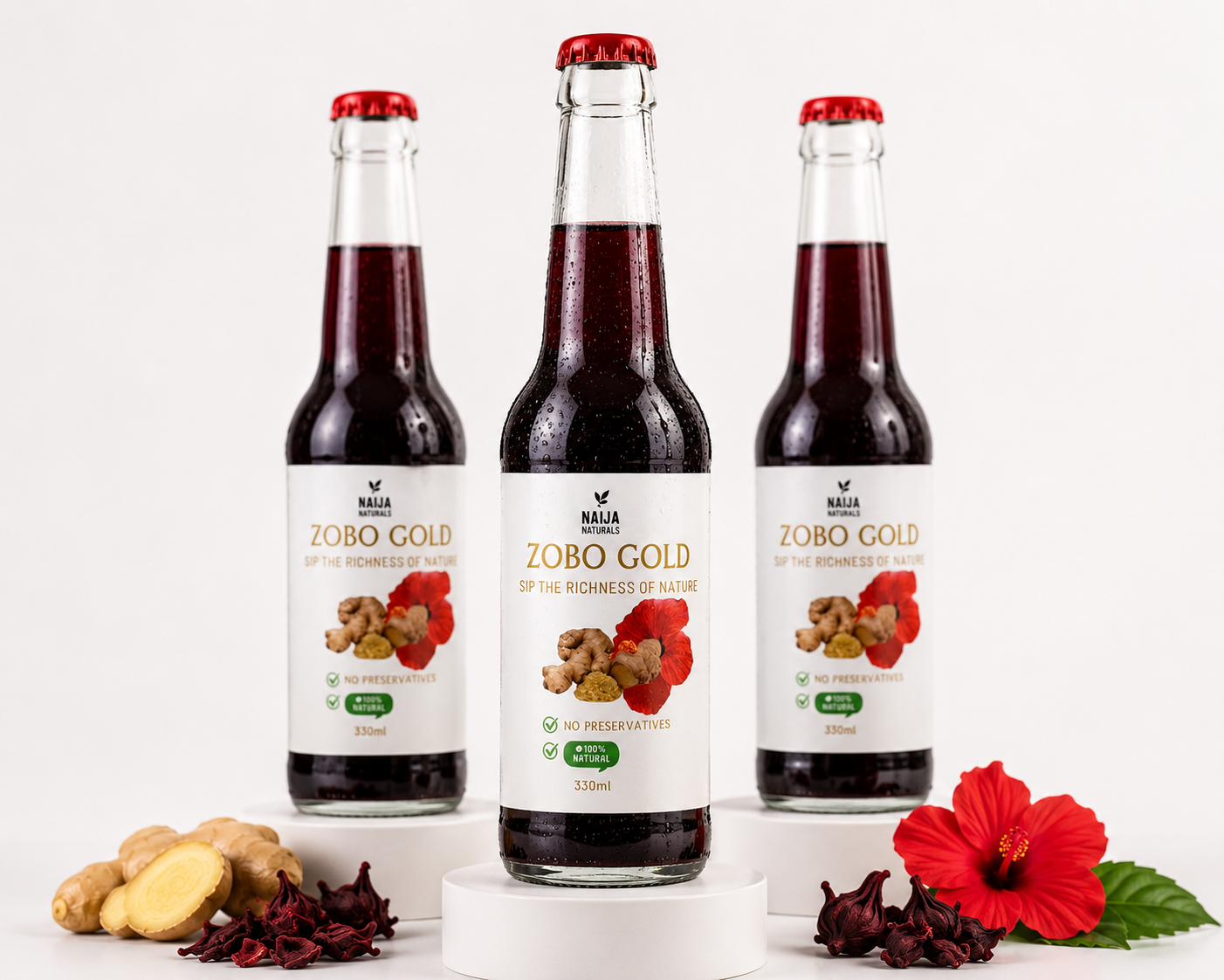 Three 330ml glass bottles of Naija Naturals Zobo Gold with hibiscus and ginger